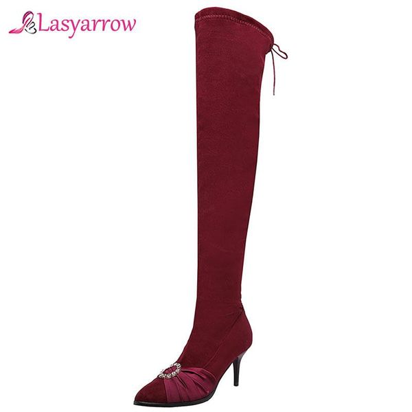 boots lasyarrow fashion thin high heel pointed toe glitter crystal buckle knot over the knee women ladies thigh j1040, Black