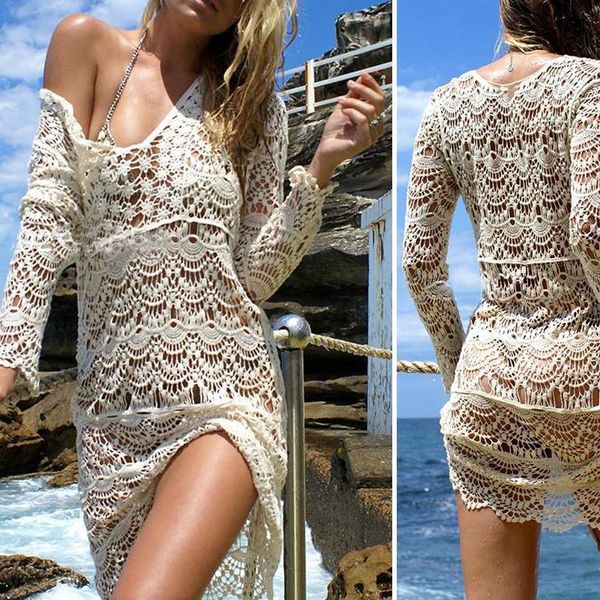 women crochet beach dress cover up bathing suit fishnet long women's swimwear, White;black
women crochet beach dress cover up bathing suit fishnet long women's swimwear, White;black