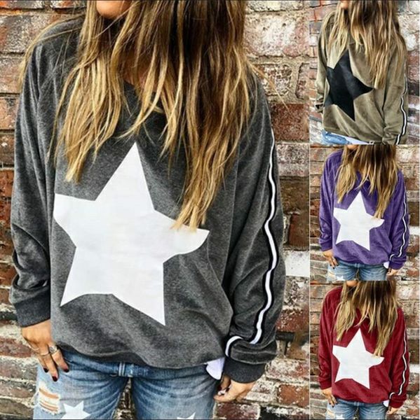 women's star print loose round neck long sleeve sweater, White 
women's star print loose round neck long sleeve sweater, White
