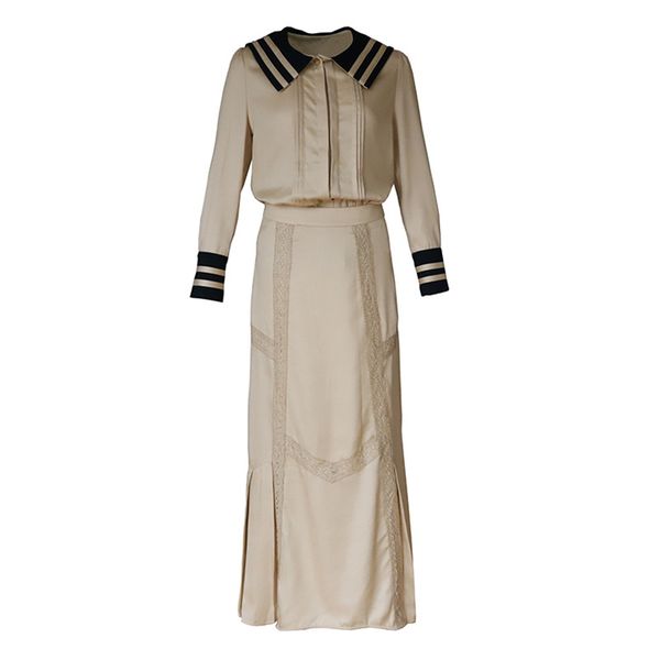 women polyester beige sailor collar full sleeve vintage empire long skirt solid two pieces set t0049 210514, White
women polyester beige sailor collar full sleeve vintage empire long skirt solid two pieces set t0049 210514, White