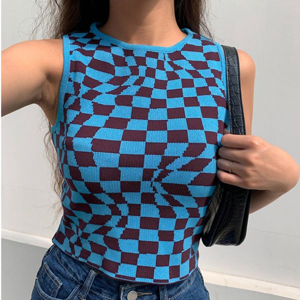 y2k fashion women plaid knit sleeveless o neck casual vest for women harajuku summer streetwear women crop 210422, White 
y2k fashion women plaid knit sleeveless o neck casual vest for women harajuku summer streetwear women crop 210422, White