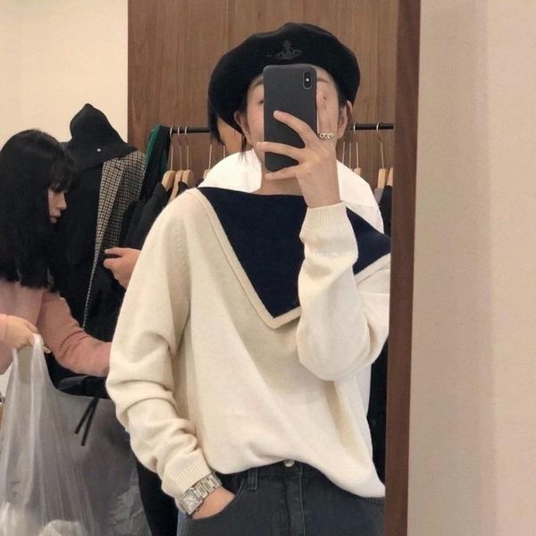 women's sweaters korean chic pullover style elegant and lapel contrast color knitted sweater high waist a-shaped skirt long suits, White;black
women's sweaters korean chic pullover style elegant and lapel contrast color knitted sweater high waist a-shaped skirt long suits, White;black