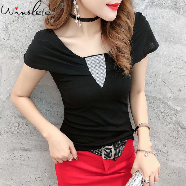 women's t-shirt summer european clothes cotton fashion shiny diamonds women patchwork mesh short sleeve slim tees t15230a, White
women's t-shirt summer european clothes cotton fashion shiny diamonds women patchwork mesh short sleeve slim tees t15230a, White