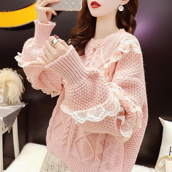 women's sweaters 2021 autumn women lace patchwork ruffles korean long sleeve solid jumpers female casual loose knitted pullovers p64, White;black
women's sweaters 2021 autumn women lace patchwork ruffles korean long sleeve solid jumpers female casual loose knitted pullovers p64, White;black