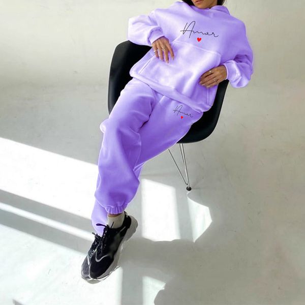 women tracksuit set letter heart print fleece female sportswear sets hoodie long sleeve sweatshirt high waist pants casual 210518, White