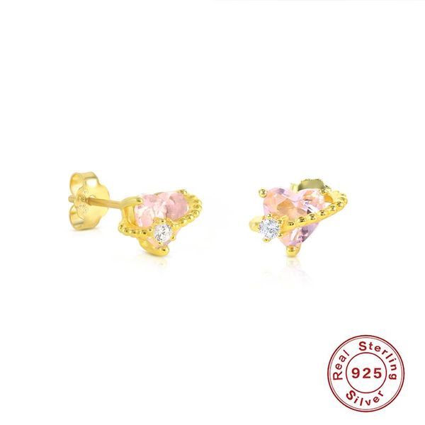 stud mc pinky zircon heart earrings for girls small 925 sterling silver women piercing ear romantic delicate pendientes aretes, Golden;silver