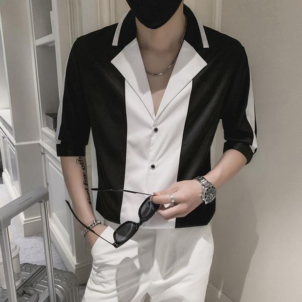 men's casual shirts summer three-quarter sleeve shirt 2021 korean youth trend nightclub fashion color matching slim mens clothing, White;black
men's casual shirts summer three-quarter sleeve shirt 2021 korean youth trend nightclub fashion color matching slim mens clothing, White;black