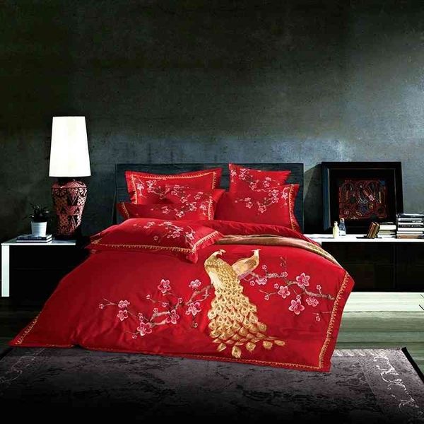 chic peacock floral embroidery red duvet cover vintage style long staple cotton 4/7pcs luxury bedding set king size
chic peacock floral embroidery red duvet cover vintage style long staple cotton 4/7pcs luxury bedding set king size