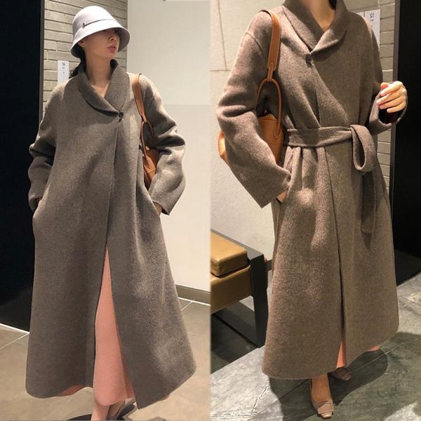 women's wool & blends 2021 winter french buckle strap waist loose elegant personality design long woolen coat, Black
women's wool & blends 2021 winter french buckle strap waist loose elegant personality design long woolen coat, Black