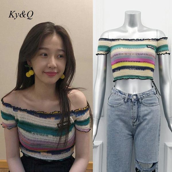 women's t-shirt rainbow stripe slash neck short 2021 off shoulder sleeve women fashion exposed navel knitted, White
women's t-shirt rainbow stripe slash neck short 2021 off shoulder sleeve women fashion exposed navel knitted, White