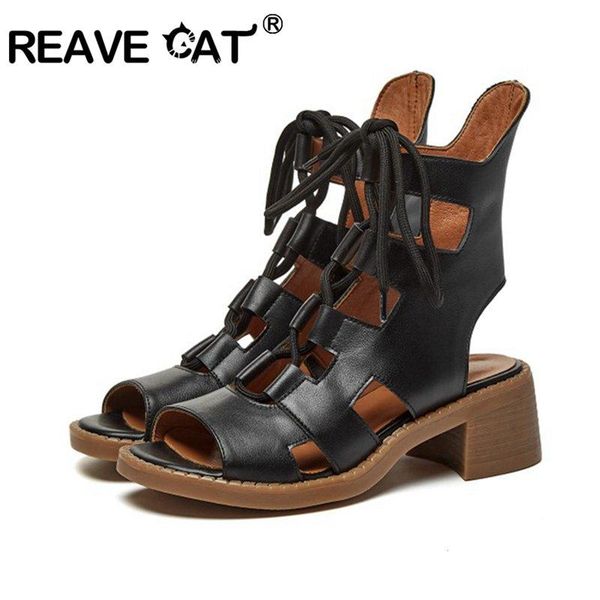 2021 cool ankle summer boots cut out lace up roman genuine leather sandals open toe square 5.5cm high heels dress shoes, Black
2021 cool ankle summer boots cut out lace up roman genuine leather sandals open toe square 5.5cm high heels dress shoes, Black