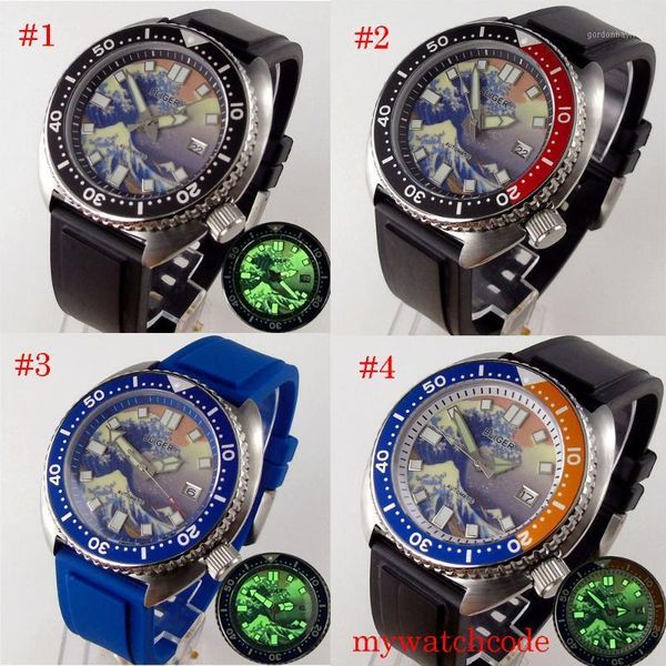 45mm 24 jewels nh35a mechanical automatic men watch luminous wave pattern dial rubber strap calendar 4models screw down crown wristwatches, Slivery;brown
45mm 24 jewels nh35a mechanical automatic men watch luminous wave pattern dial rubber strap calendar 4models screw down crown wristwatches, Slivery;brown