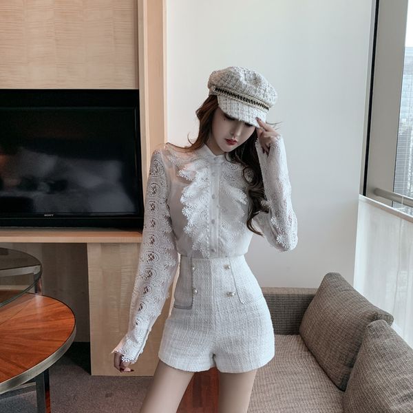 tracksuits summer women sets long sleeve chiffon lace ruffle blouse + high waist tweed shorts fashion 2 pieces suits lafd, Gray
tracksuits summer women sets long sleeve chiffon lace ruffle blouse + high waist tweed shorts fashion 2 pieces suits lafd, Gray