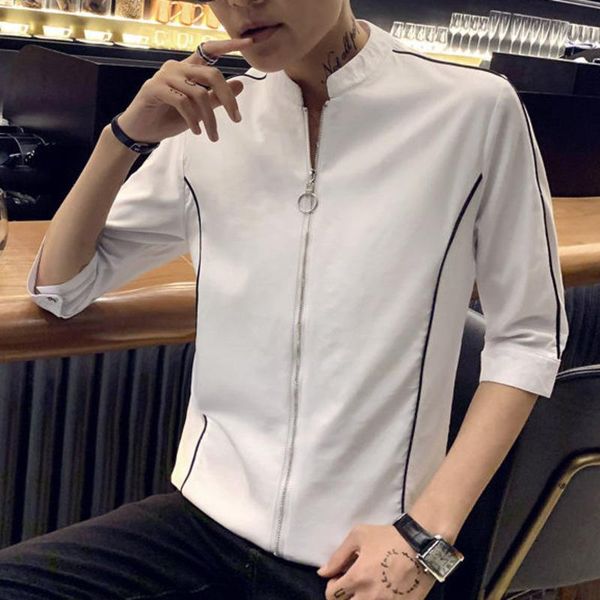 men's casual shirts half sleeve shirt stand collar zipper slim social men black white camisa masculina 2021 summer, White;black
men's casual shirts half sleeve shirt stand collar zipper slim social men black white camisa masculina 2021 summer, White;black