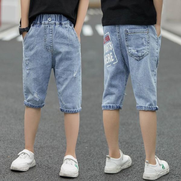 summer korean version street corner boy pants thin appliques letter elastic waist knee length children jeans, Blue
summer korean version street corner boy pants thin appliques letter elastic waist knee length children jeans, Blue