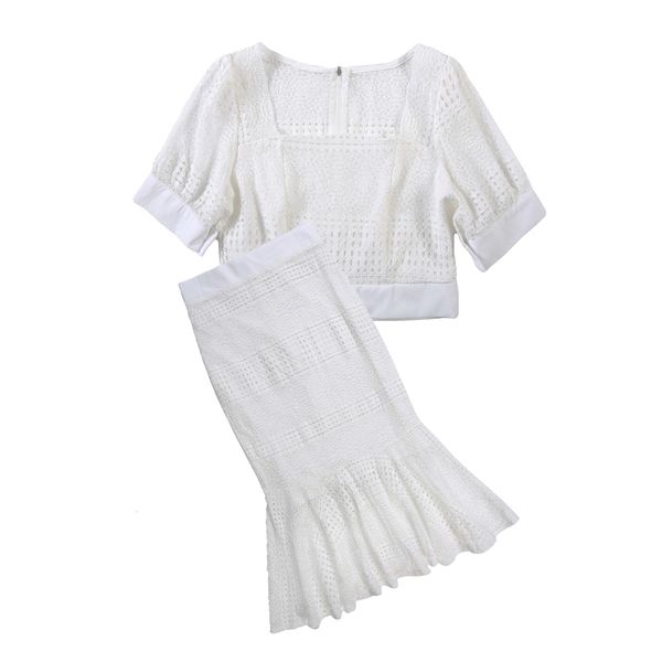 women white lace hollow out two pieces square collar lantern short sleeve empire mermaid knee length skirt t0177 210514
women white lace hollow out two pieces square collar lantern short sleeve empire mermaid knee length skirt t0177 210514