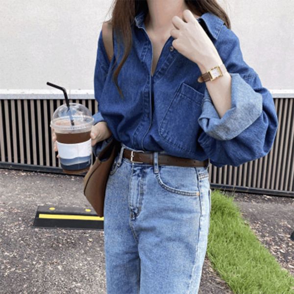 women's blouses & shirts spring autumn korea fashion women long sleeve loose cotton denim single pocket vintage blue casual m677 z, White
women's blouses & shirts spring autumn korea fashion women long sleeve loose cotton denim single pocket vintage blue casual m677 z, White