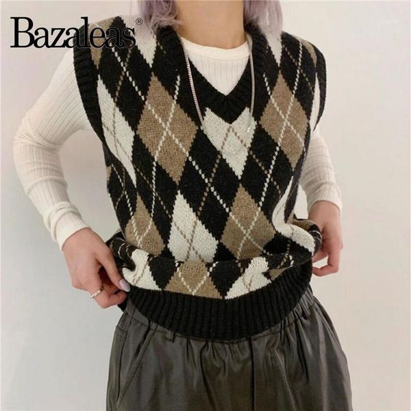 women's sweaters bazaleas fashion v neck plaid pull femme vest vintage knitted camis autumn tartan khaki black women tank sweater, White;black
women's sweaters bazaleas fashion v neck plaid pull femme vest vintage knitted camis autumn tartan khaki black women tank sweater, White;black