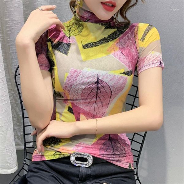 women's t-shirt european station net short sleeve 2021 high collar base shirt, White
women's t-shirt european station net short sleeve 2021 high collar base shirt, White