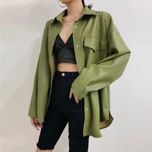 women's leather & faux korean version of loose pu mid-length shirt 2021 spring autumn fashion casual green coat campera mujer, Black
women's leather & faux korean version of loose pu mid-length shirt 2021 spring autumn fashion casual green coat campera mujer, Black
