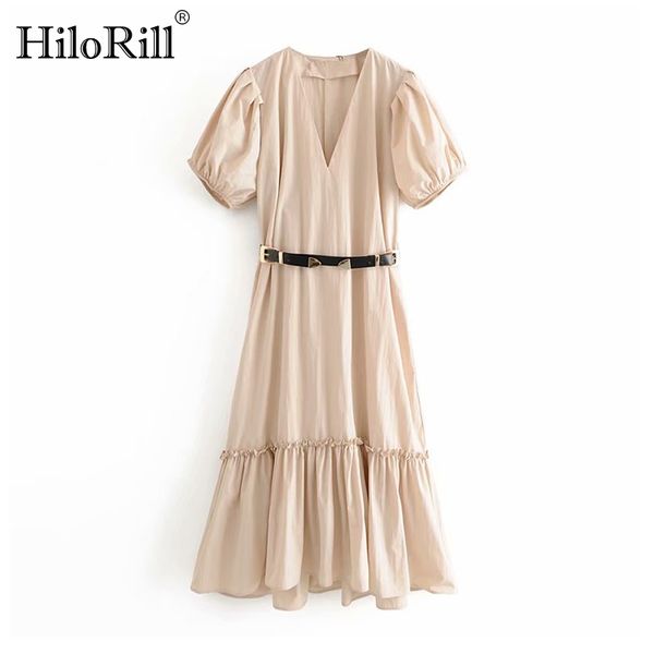 elegant deep v neck midi dress puff short sleeve pleated with belt solid casual ladies es vestidos mujer 210508, Black;gray
elegant deep v neck midi dress puff short sleeve pleated with belt solid casual ladies es vestidos mujer 210508, Black;gray
