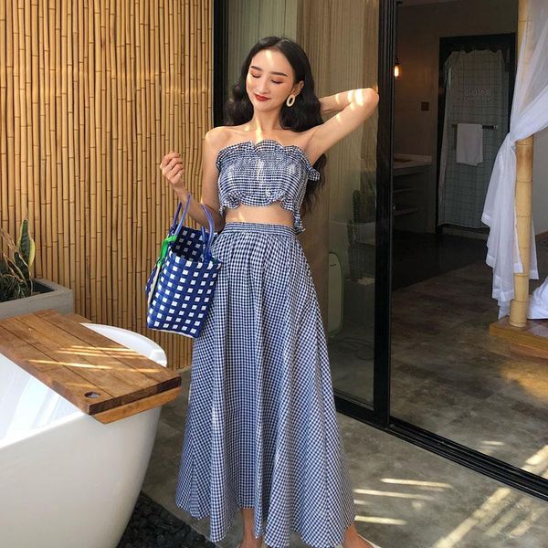 chic vintage style women's clothing plaid strapless ruffles woman off shoulder sets summer long skirt two piece pants, White
chic vintage style women's clothing plaid strapless ruffles woman off shoulder sets summer long skirt two piece pants, White