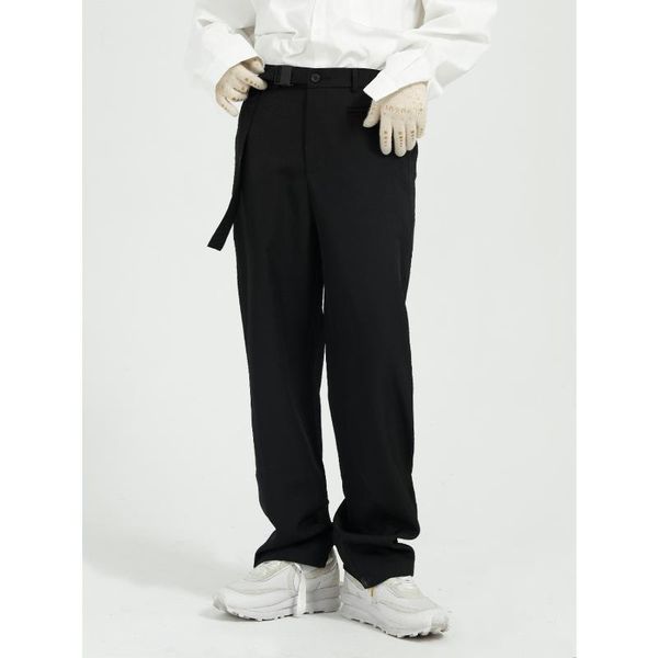 men elastic waist casual straight suit trousers male streetwear vintage belt solid color wide leg pant men's pants, Black
men elastic waist casual straight suit trousers male streetwear vintage belt solid color wide leg pant men's pants, Black