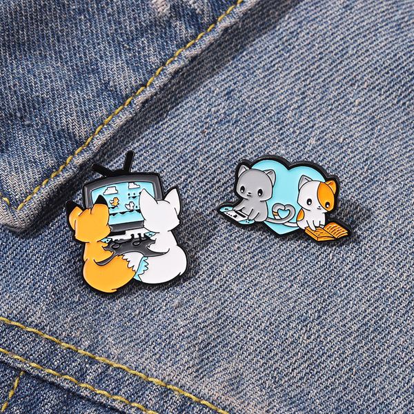 cartoon cute two foxes and cats who are playing games reading books lovers friends metal enamel brooch lapel pin jewelry badge, Blue
cartoon cute two foxes and cats who are playing games reading books lovers friends metal enamel brooch lapel pin jewelry badge, Blue