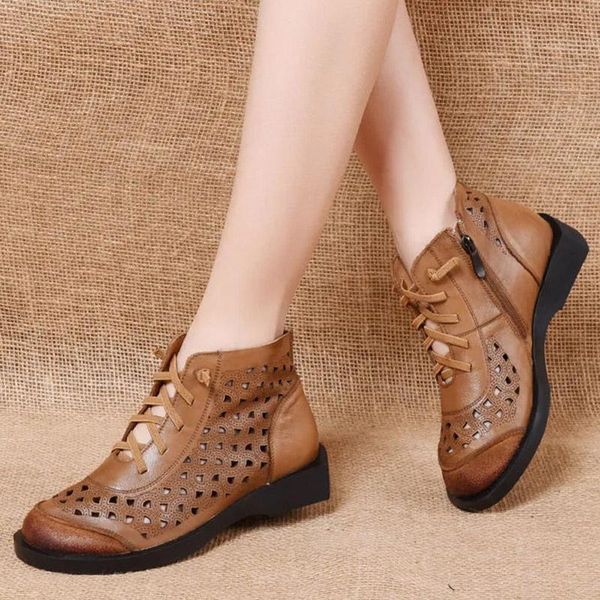 leather retro round toe hollow short boots women 2021 spring and summer first layer cowhide soft sole high-cut hole sandals, Black 
leather retro round toe hollow short boots women 2021 spring and summer first layer cowhide soft sole high-cut hole sandals, Black