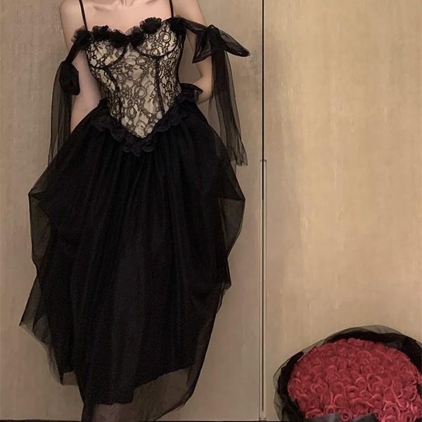 casual dresses sling black dress gothic lace female short 2021 spring and summer french retro temperament, Black;gray
casual dresses sling black dress gothic lace female short 2021 spring and summer french retro temperament, Black;gray
