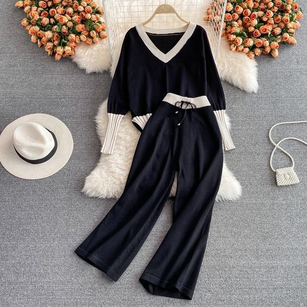 women's two piece pants fashion suit autumn loose v-neck color-blocking knitted high-waist drape casual wide-leg straight two-piece win, White
women's two piece pants fashion suit autumn loose v-neck color-blocking knitted high-waist drape casual wide-leg straight two-piece win, White