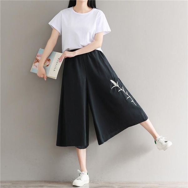 women's pants & capris 2021 mori girl summer women high waist black embroidery wide leg elegant cotton linen casual loose, Black;white
women's pants & capris 2021 mori girl summer women high waist black embroidery wide leg elegant cotton linen casual loose, Black;white