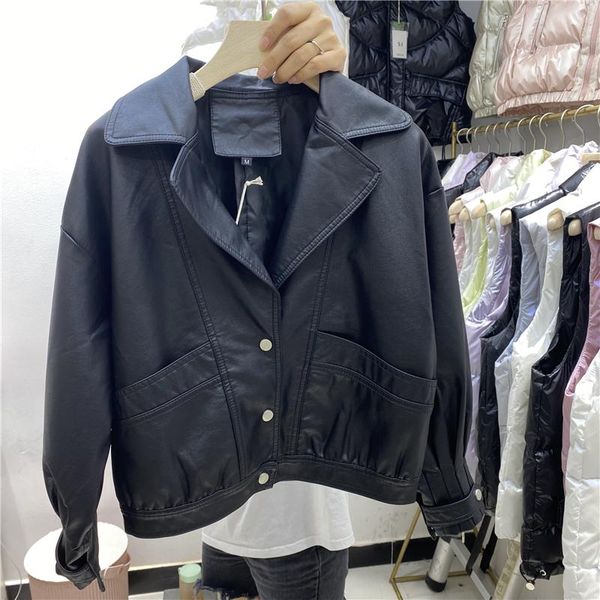 women's leather & faux 2021 spring high-quality lapel big pocket pu jacket women autumn loose casual long sleeve motorcycle jackets fem, Black
women's leather & faux 2021 spring high-quality lapel big pocket pu jacket women autumn loose casual long sleeve motorcycle jackets fem, Black