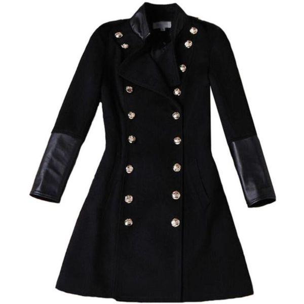 women's wool & blends autumn winter military style pu patchwork woolen coat women double breasted stand collar slim handsome, Black
women's wool & blends autumn winter military style pu patchwork woolen coat women double breasted stand collar slim handsome, Black