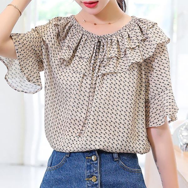 women's blouses & shirts plus size women blouse korean casual streetwear slash neck half sleeve printed ruffles girly, White
women's blouses & shirts plus size women blouse korean casual streetwear slash neck half sleeve printed ruffles girly, White