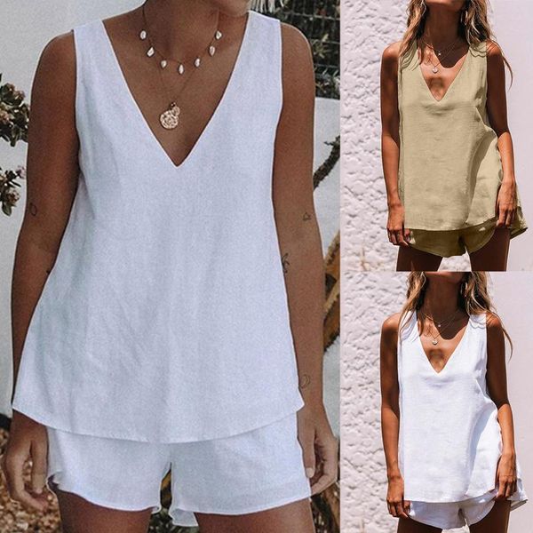 women's t-shirt 2021 summer ladies solid color cotton and linen sleeveless elastic waist shorts suit, White
women's t-shirt 2021 summer ladies solid color cotton and linen sleeveless elastic waist shorts suit, White