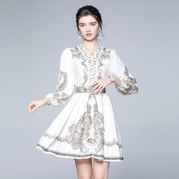 european court skirt autumn 2021 classic white printed single breasted v-neck long sleeve waist closing dress with belt, Black;gray
european court skirt autumn 2021 classic white printed single breasted v-neck long sleeve waist closing dress with belt, Black;gray