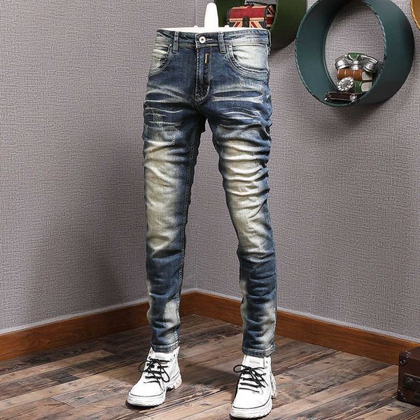 italian vintage fashion men jeans retro blue elastic slim fit ripped plain distred wash designer casual denim pants 2tj1
italian vintage fashion men jeans retro blue elastic slim fit ripped plain distred wash designer casual denim pants 2tj1