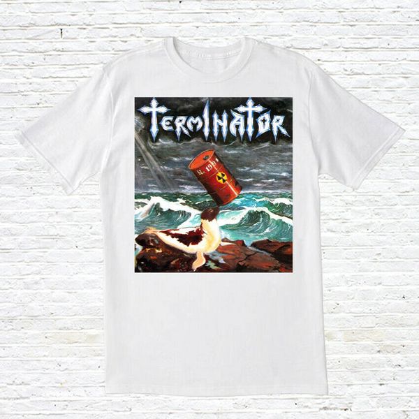 terminator t-shirt (thrash metal / probability of doom), White;black