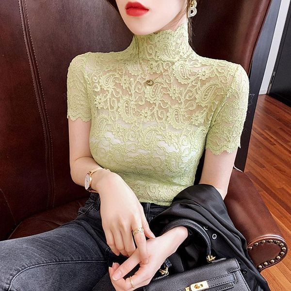 women's t-shirt hollowed out lace shirt short sleeve summer dress shows thin foreign style with half high collar and, White
women's t-shirt hollowed out lace shirt short sleeve summer dress shows thin foreign style with half high collar and, White