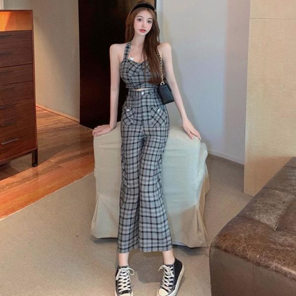 summer retro fashion plaid sling + casual wide leg pants two-piece sets female trend women's two piece, White
summer retro fashion plaid sling + casual wide leg pants two-piece sets female trend women's two piece, White
