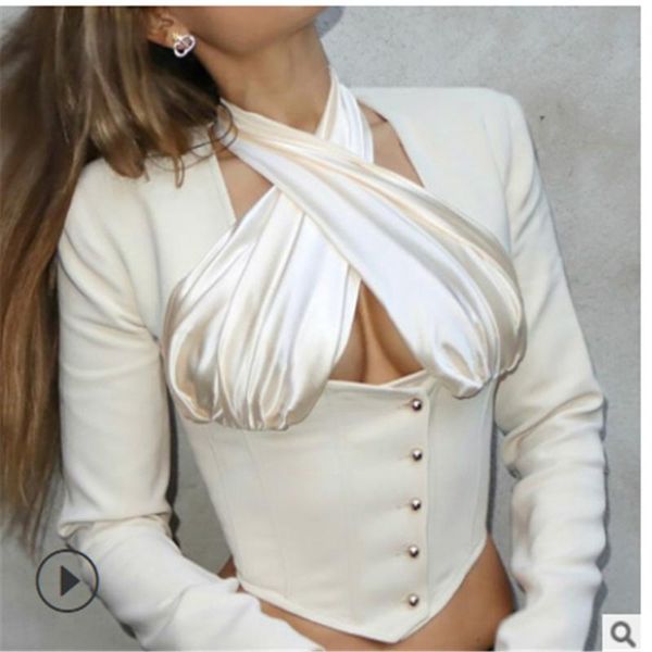 women's blouses & shirts spring women fashion long sleeve slim backless stylish button decoration cross halter ladies female clothing, White
women's blouses & shirts spring women fashion long sleeve slim backless stylish button decoration cross halter ladies female clothing, White