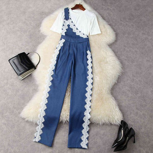 women's two piece pants summer short sleeve t-shirt + one shoulder lace panelled denim overalls suspender trousers suits 2 s set 21m19t, White
women's two piece pants summer short sleeve t-shirt + one shoulder lace panelled denim overalls suspender trousers suits 2 s set 21m19t, White