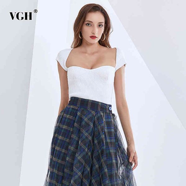 vgh white knitted blouse for women square collar short sleeve slim casual solid blouses female fashion new clothing summer tide 210421