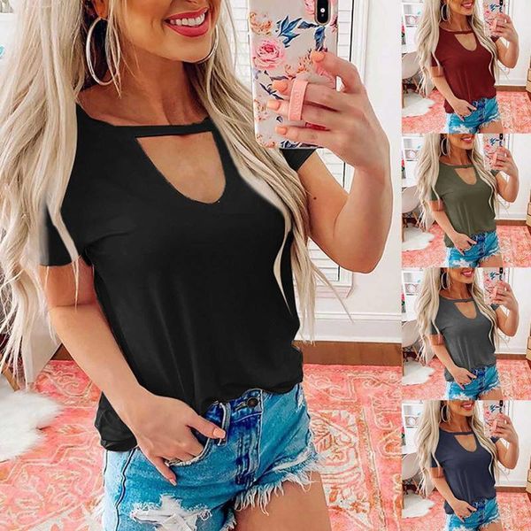 women's t-shirt summer solid color v-neck hollow out short sleeve loose casual clubwear tee, White
women's t-shirt summer solid color v-neck hollow out short sleeve loose casual clubwear tee, White