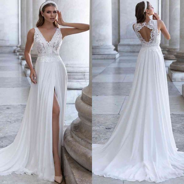 beach wedding dress split chiffon wedding gowns plus size v-neck sleeveless lace applique robe de mariage bride dresses, White
beach wedding dress split chiffon wedding gowns plus size v-neck sleeveless lace applique robe de mariage bride dresses, White