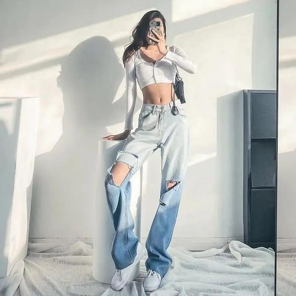 women's pants & capris 2021 summer women denim high waisted gradient ripped jeans vintage streetwear straight-leg trousers fashion cut, Black;white
women's pants & capris 2021 summer women denim high waisted gradient ripped jeans vintage streetwear straight-leg trousers fashion cut, Black;white