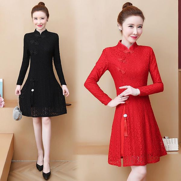 casual dresses cheongsam improved elegant lace dress autumn and winter long sleeve large size chinese style red black young women retro, Black;gray
casual dresses cheongsam improved elegant lace dress autumn and winter long sleeve large size chinese style red black young women retro, Black;gray