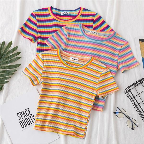 women's t-shirt e19 women cotton rainbow striped summer short sleeve navel skinny stitching korean punk crop woman, White
women's t-shirt e19 women cotton rainbow striped summer short sleeve navel skinny stitching korean punk crop woman, White