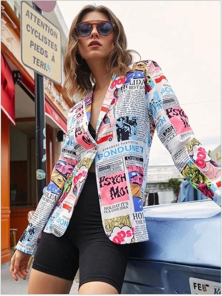 women's suits & blazers spring autumn long sleeve colorful suit popspaper print v neck defined waist one button slim coat, White;black
women's suits & blazers spring autumn long sleeve colorful suit popspaper print v neck defined waist one button slim coat, White;black